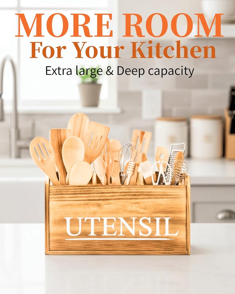 brekle Kitchen Utensil Holder Rustic Large Wooden Utensil Organizer Cooking Tools Storage (Farmhouse Wooden) - Image 2